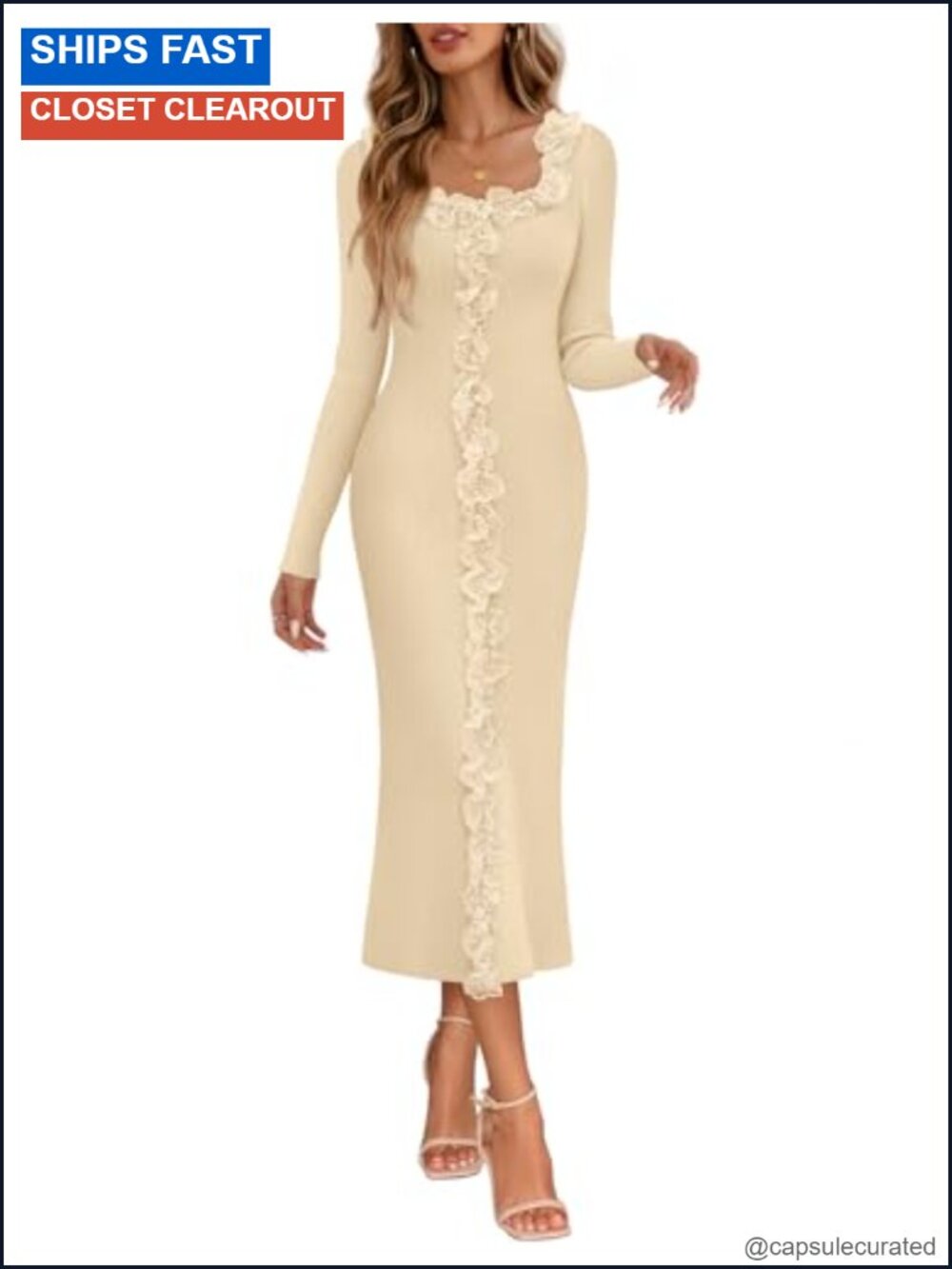 Women's Long Sleeve Ruffle Sweater Bodycon Midi Dress